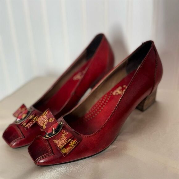 Elite by Conjus Red Leather Heels 6 Artsy Boho Cottagecore Block Pumps Bow Y2K - Picture 1 of 10